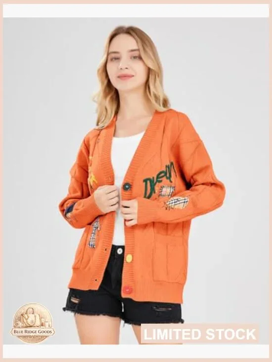 Chunky Knit Cardigan V-Neck Open Front Embroidery Loose Fit Y2K Chic - Picture 4 of 7